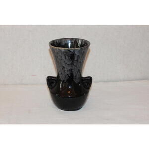 Vintage Black Art Pottery Vase Silver Drip Glaze Twin Handles Mid Century